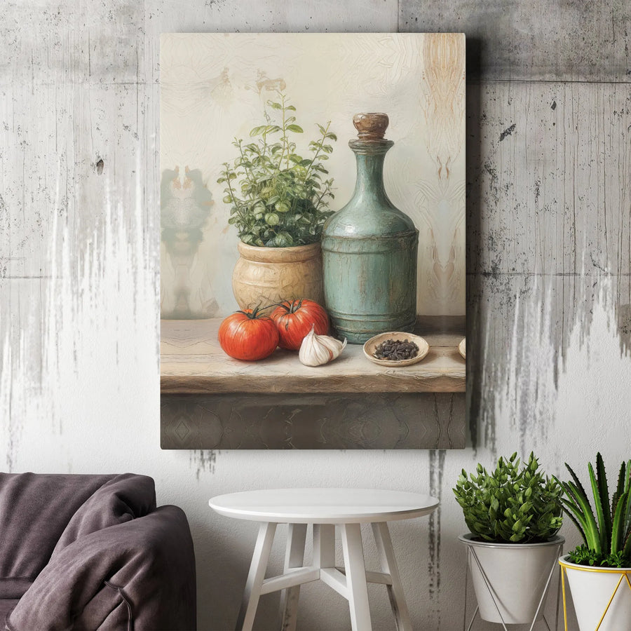 Rustic Kitchen Still Life Canvas Art | Tomatoes Garlic Herb Decor | Premium Gallery Wrap Wall Print | Farmhouse Dining Room Wall Decor Gift