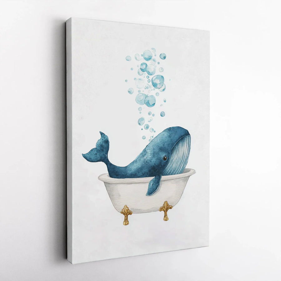 Watercolor Whale In Bathtub Wall Art | Whimsical Ocean Animal Print | Premium Gallery Canvas | Cute Nursery Decor or Bathroom Gift