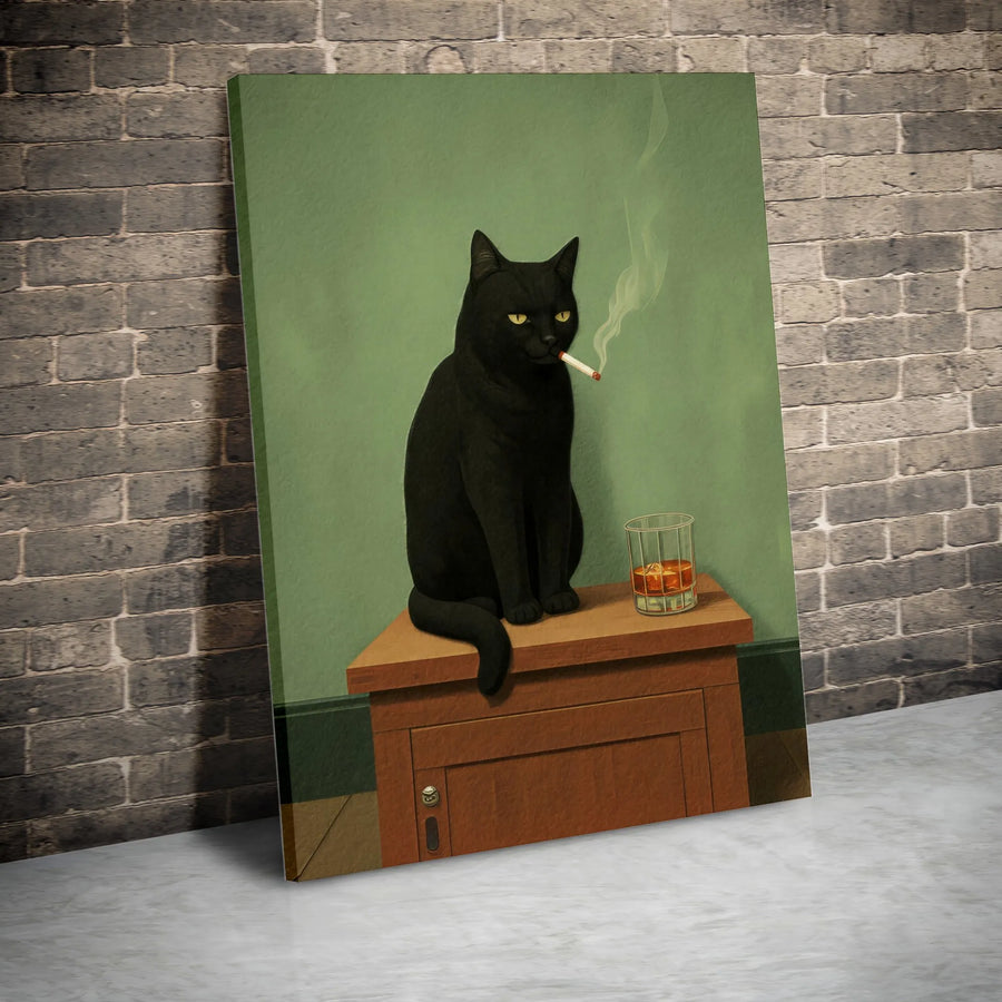 Black Cat Smoking Cigarette Wall Art | Whiskey Drinker Retro Illustration | Premium Gallery Wrapped Canvas | Quirky Home Decor Gift