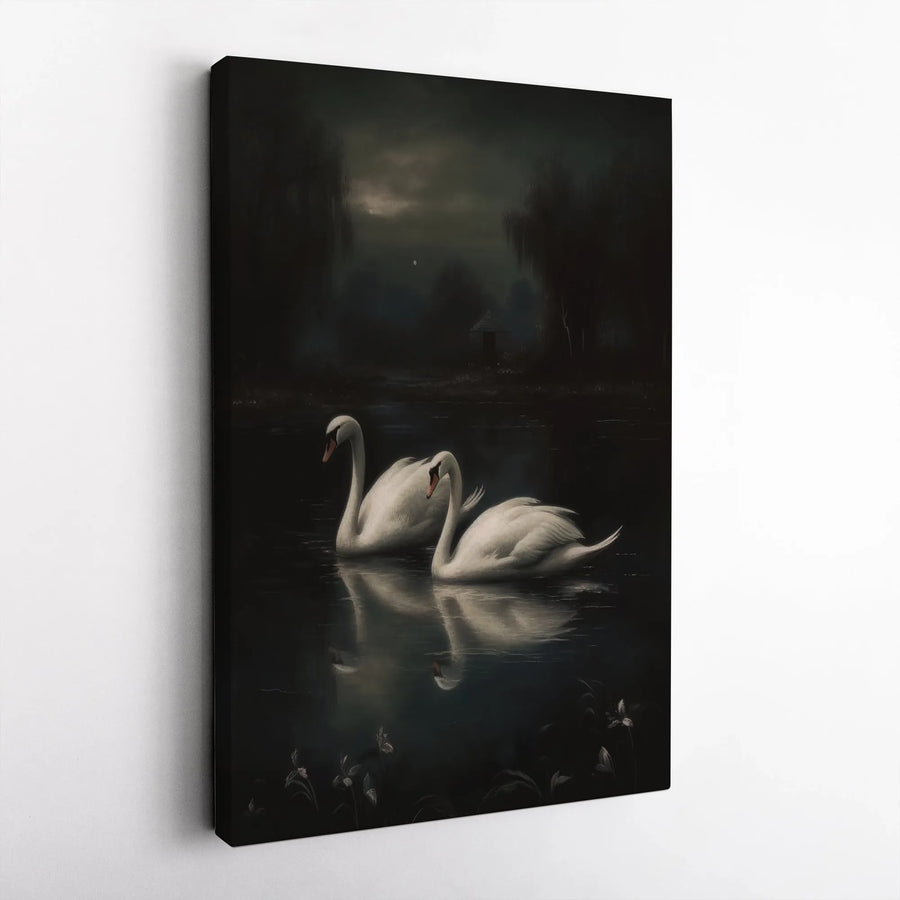 Swan Lake Wall Art | Moody Dark Aesthetic Nature Print | Premium Gallery Wrapped Canvas | Elegant Home Decor Gift for Bird Lovers