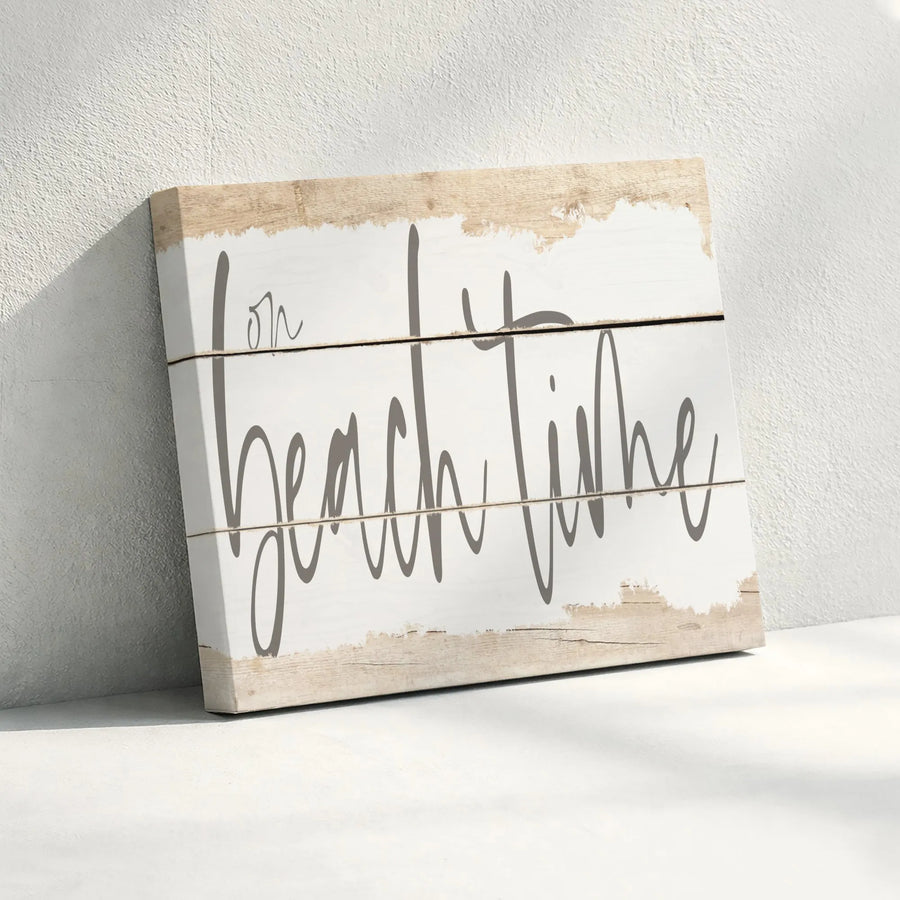 On Beach Time Canvas Wall Art | Rustic Coastal Farmhouse Sign | Premium Gallery Wrapped Canvas | Gift for Beach House or Lake House Decor