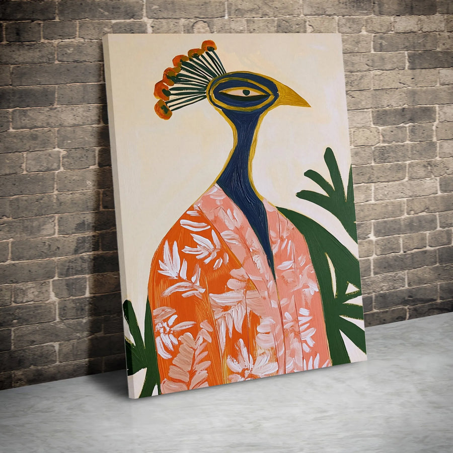 Abstract Peacock Canvas Art | Whimsical Bird in Floral Kimono Wall Decor | Premium Fade-Resistant Gallery Wrap | Sophisticated Home Office Gift