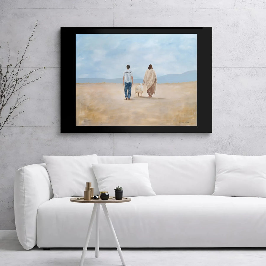 Jesus Walking With Man and Lamb Canvas | Religious Freedom Art Print | 1.25-Inch Gallery Wrap | Christian Home Decor Gift for Believers