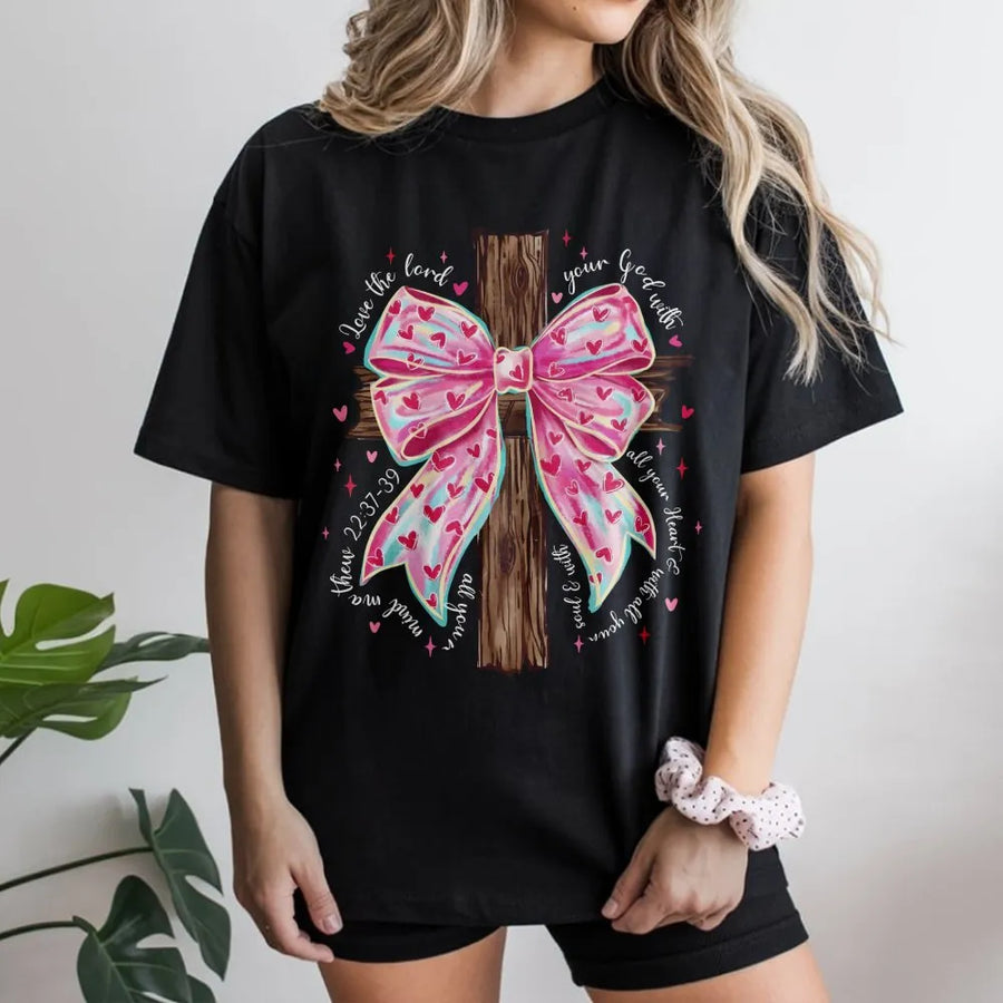 Christian Faith T-Shirt | Pink Coquette Bow On Wooden Cross | Premium Soft Cotton Bible Verse Tee | Gift For Women & Girls