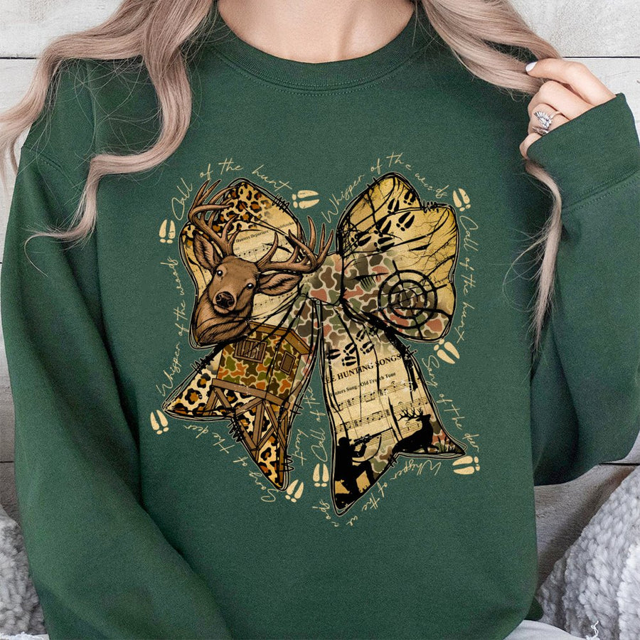 Hunting Bow Sweatshirt | Deer Antler Camo Coquette Aesthetic | Premium Cotton Blend | Gift for Outdoor Women and Hunters