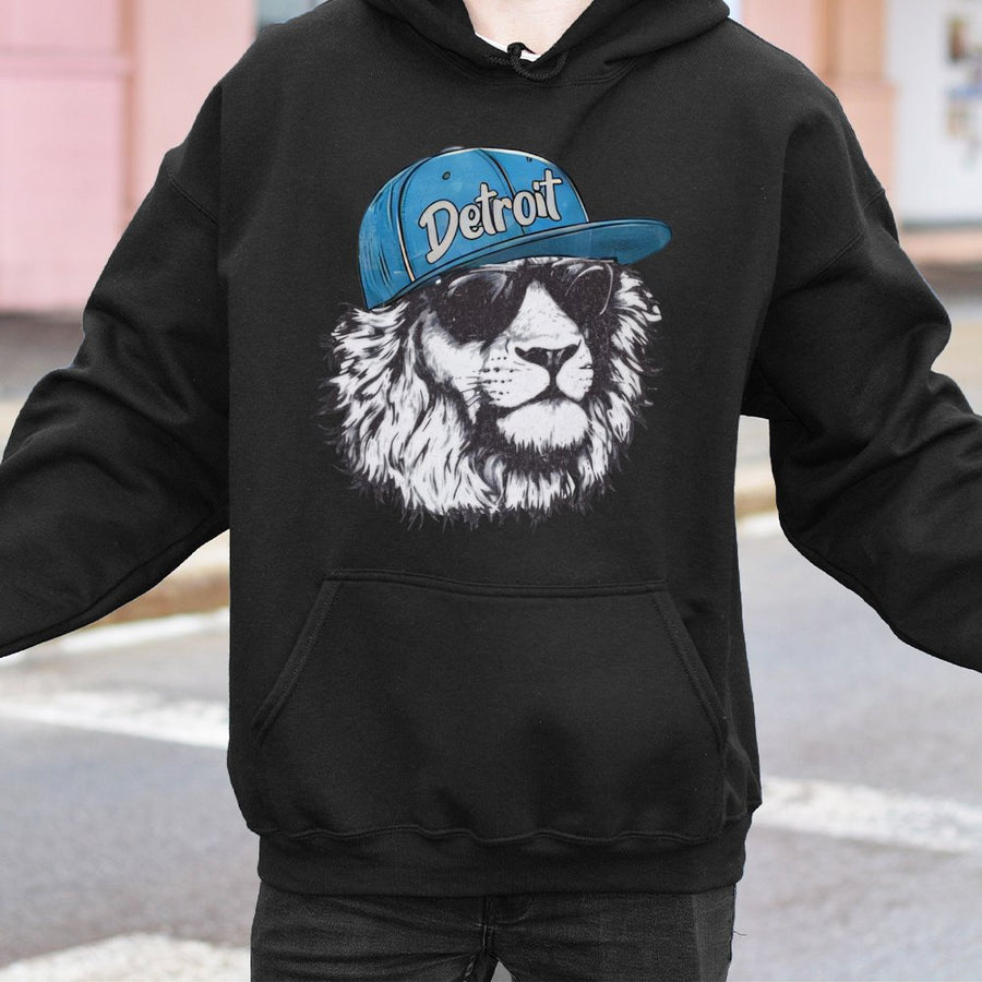 Detroit Lion Wearing A Baseball Cap And Sunglasses Hoodie