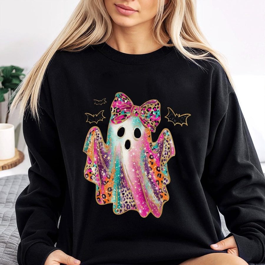 Colorful Bow Ghost Sweatshirt | Leopard Print Halloween Graphic | Premium Cotton Blend | Spooky Season Gift For Women