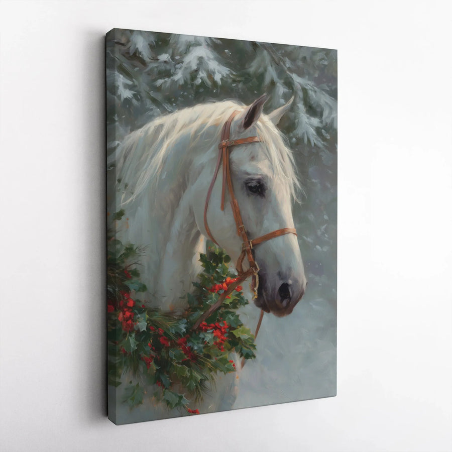 White Horse Canvas Wall Art | Christmas Holly Wreath Winter Scene | Gallery Wrapped Premium Print | Farmhouse Holiday Home Decor Gift