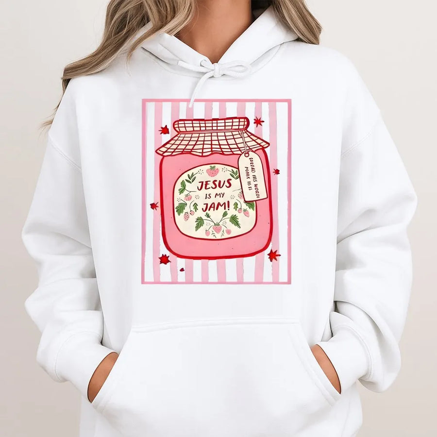 Jesus Is My Jam Hoodie | Cute Strawberry Jam Jar Graphic | Premium Cotton-Blend Sweatshirt | Trendy Christian Faith Gift for Women