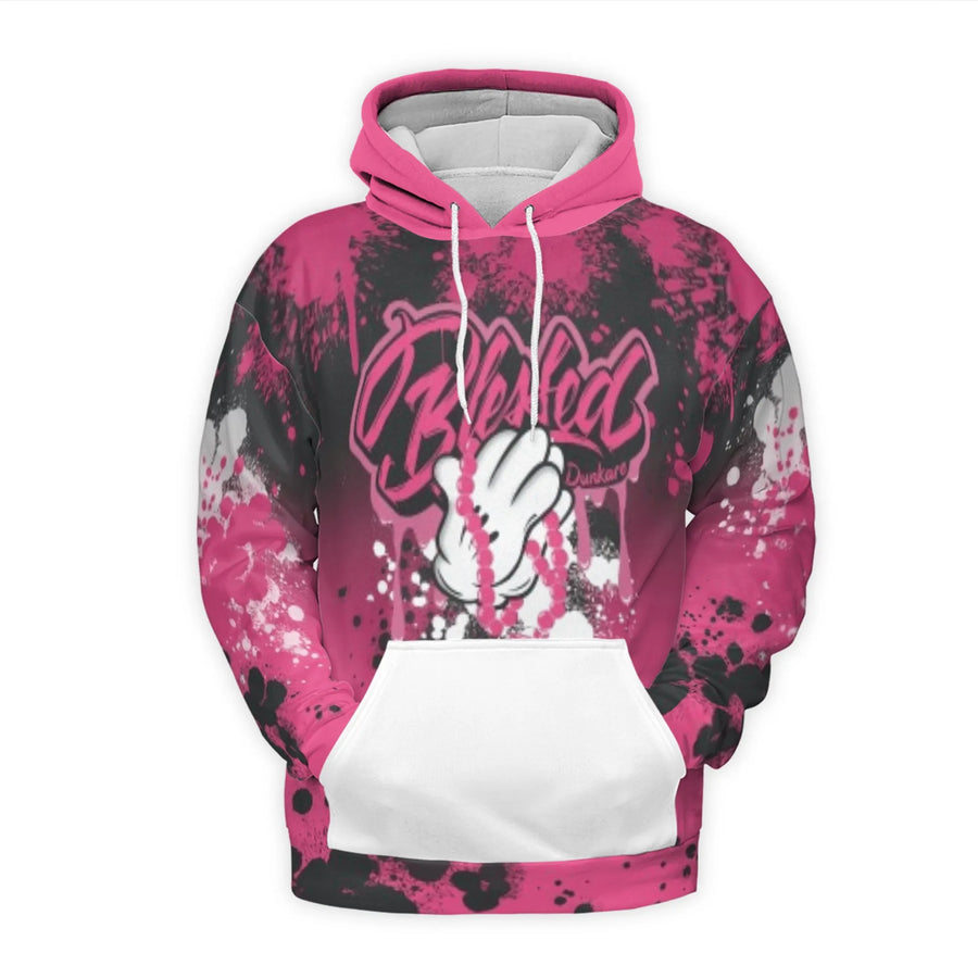 Blessed Graffiti 3D Hoodie | Pink and Black Paint Splatter Cartoon Hands Graphic | Premium Brushed Fleece Pullover | Streetwear Gift for Men and Women