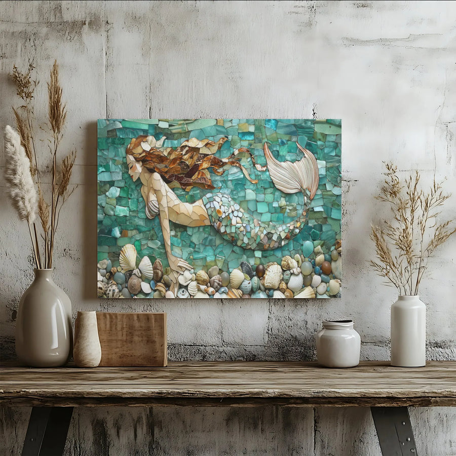 Mermaid Mosaic Wall Art | Coastal Sea Glass and Shell Design | Premium Gallery-Wrapped Canvas | Beach House Decor Gift for Her