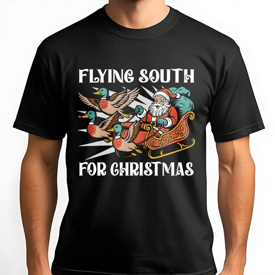 Flying South For Christmas T-Shirt | Duck Hunting Santa Graphic | Premium Soft Cotton Tee | Funny Holiday Gift for Hunters and Outdoorsmen