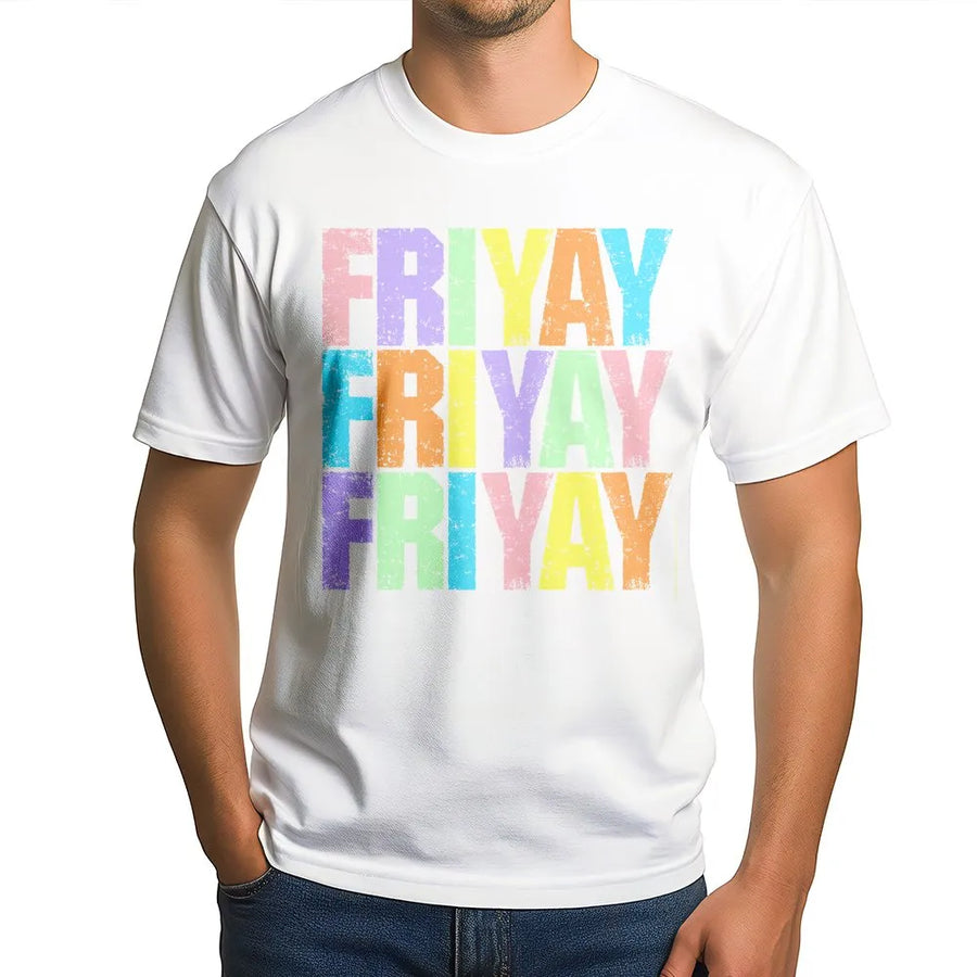 Happy Friyay T-Shirt | Retro Colorful Graphic Pullover | Soft Cotton-Polyester Blend | Funny Elementary Teacher Gift