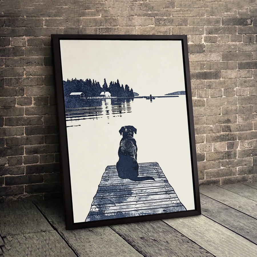 Dog On Dock Canvas Wall Art | Minimalist Lake View Silhouette | Premium Gallery Wrapped Print | Nature Lover Gift Home Decor