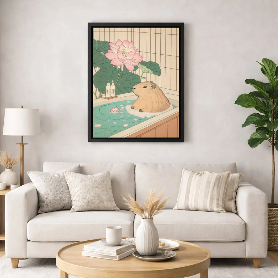 Capybara Wall Art | Japanese Ukiyo-e Style Bathing Print | Premium Gallery Wrap Canvas | Unique Animal Home Decor Gift