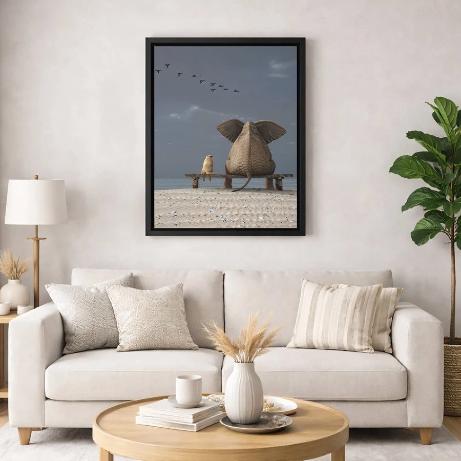 Elephant and Dog Beach Wall Art | Whimsical Animal Friendship Scene | Premium Gallery-Wrapped Canvas | Heartwarming Home Decor Gift