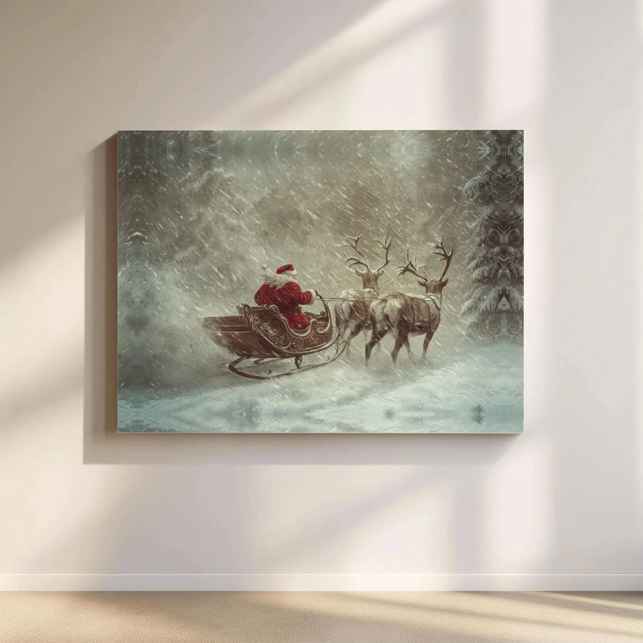 Santa Sleigh Canvas Wall Art | Snowy Reindeer Christmas Scene | Premium Gallery-Wrapped Print | Festive Home Decor Gift