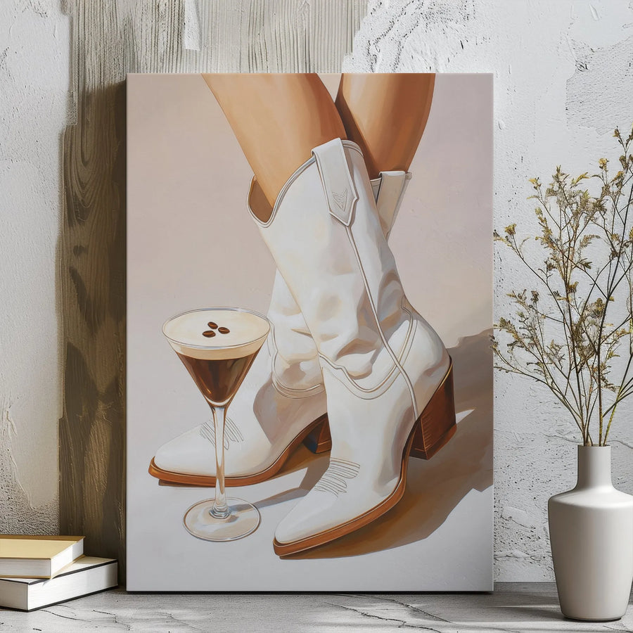 Espresso Martini And Cowboy Boots Canvas Print | Trendy Bar Cart Wall Art | Premium Gallery Wrap Decor | Stylish Gift For Coffee Lovers