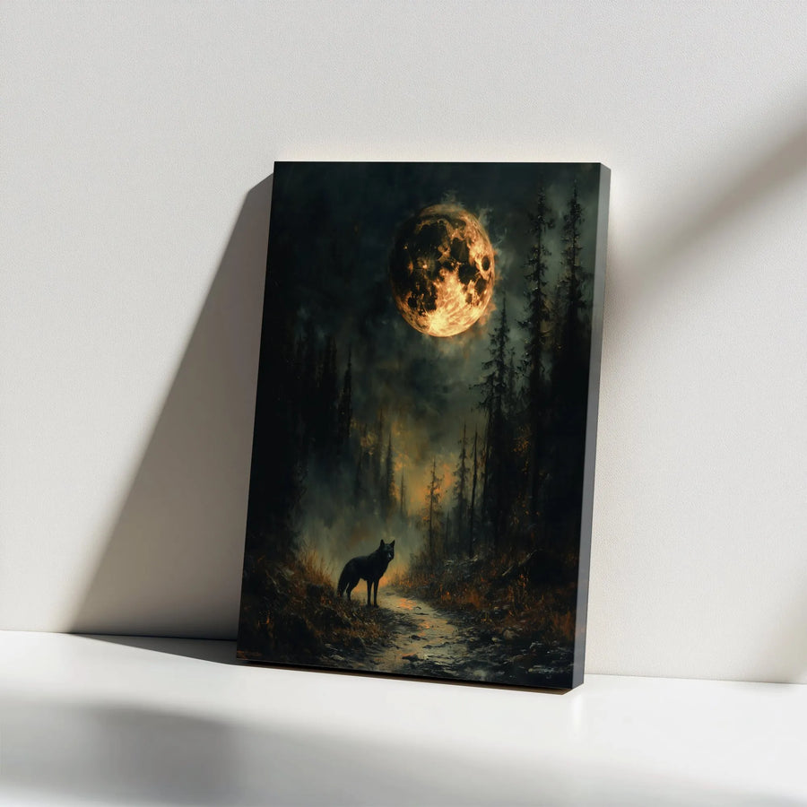 Wolf Wall Art Canvas | Moody Forest Full Moon Landscape | Premium Gallery Wrap Print | Dark Academia Home Decor Gift