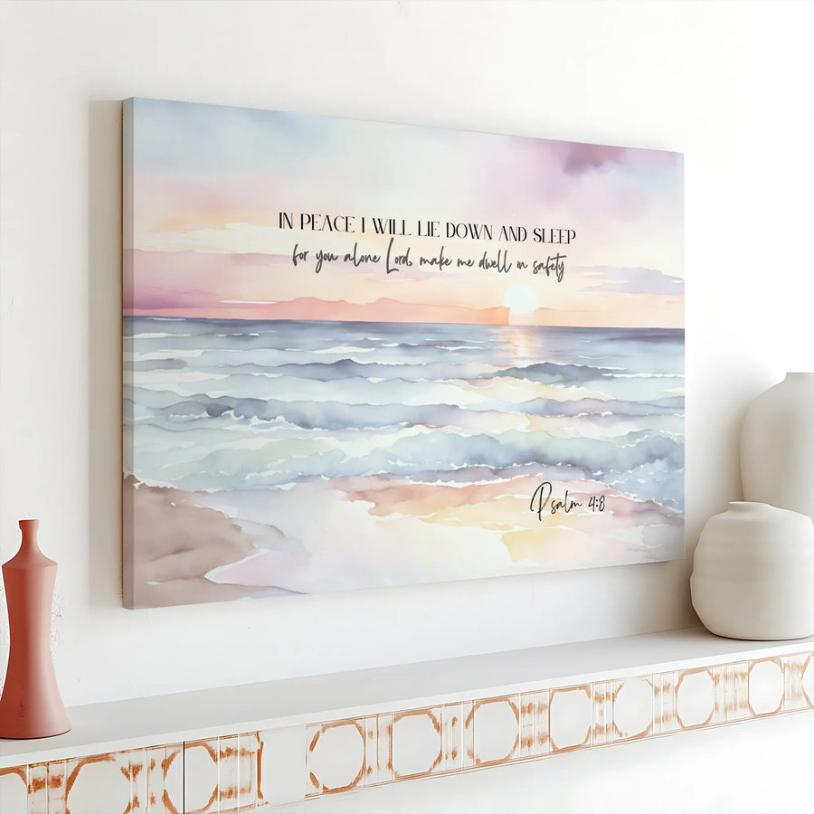 Psalm 4:8 Scripture Wall Art | Watercolor Beach Sunset Painting | Premium Thick Canvas | Christian Home Decor Gift