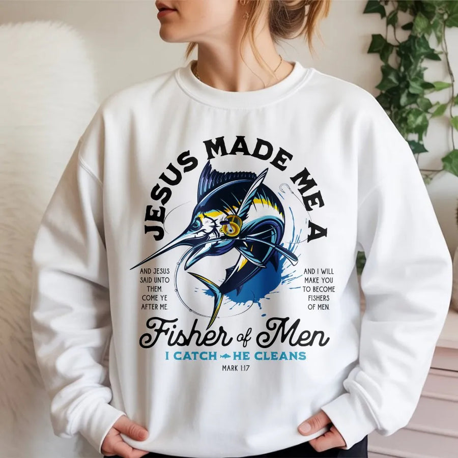 Fisher of Men Sweatshirt | Marlin Fish Bible Verse Graphic | Premium Cotton | Christian Fisherman Gift