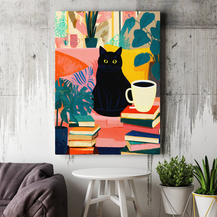 Black Cat Wall Art | Whimsical Book Lover Canvas Print | Premium Gallery-Wrapped Decor | Unique Gift for Cat Moms and Bibliophiles