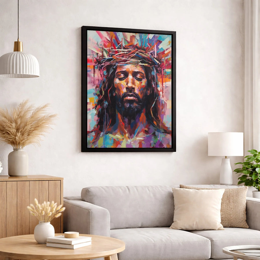 Jesus Christ Canvas Wall Art | Colorful Crown Of Thorns Portrait | Premium Gallery Wrap Print | Modern Religious Home Decor Gift