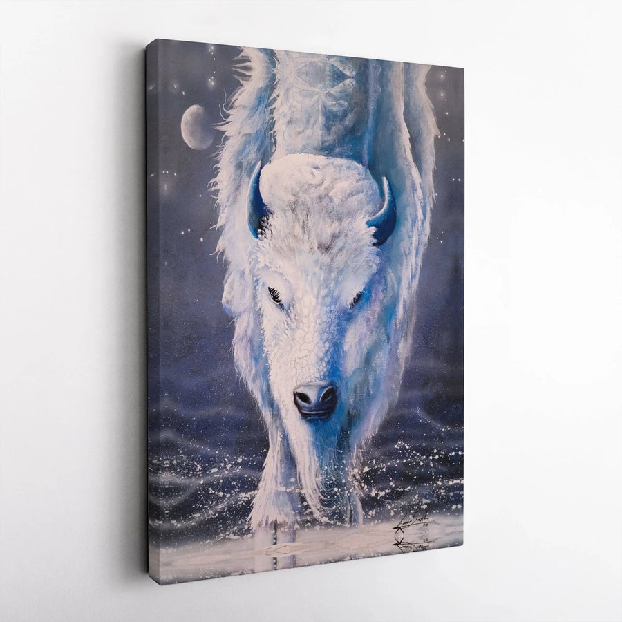 White Buffalo Canvas Art | Mystical Bison Walking in Snow | Premium Gallery Wrap Wall Decor | Wildlife Nature Gift for Home and Office