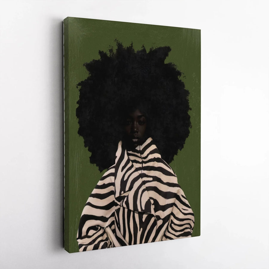 Black Woman Art Canvas Print | Modern Afro Portrait in Zebra Jacket | Premium Gallery Wrapped Canvas | Contemporary Home Decor Gift