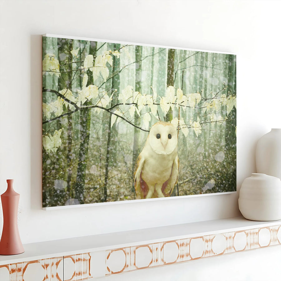Barn Owl Canvas Wall Art | Snowy Woodland Bird Scene | Premium Gallery Wrap Print | Rustic Farmhouse Home Decor Gift for Nature Lovers