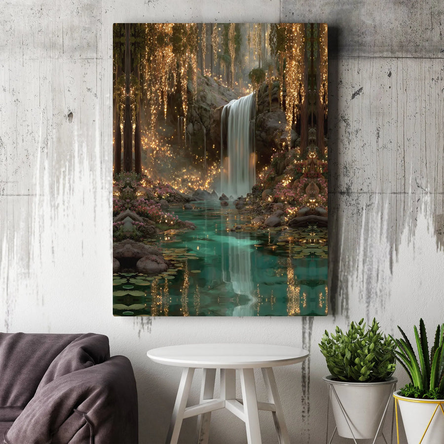 Enchanted Forest Canvas Print | Glowing Waterfall Fairy Garden Wall Art | 1.25-Inch Gallery Wrap | Magical Nature Decor For Living Room