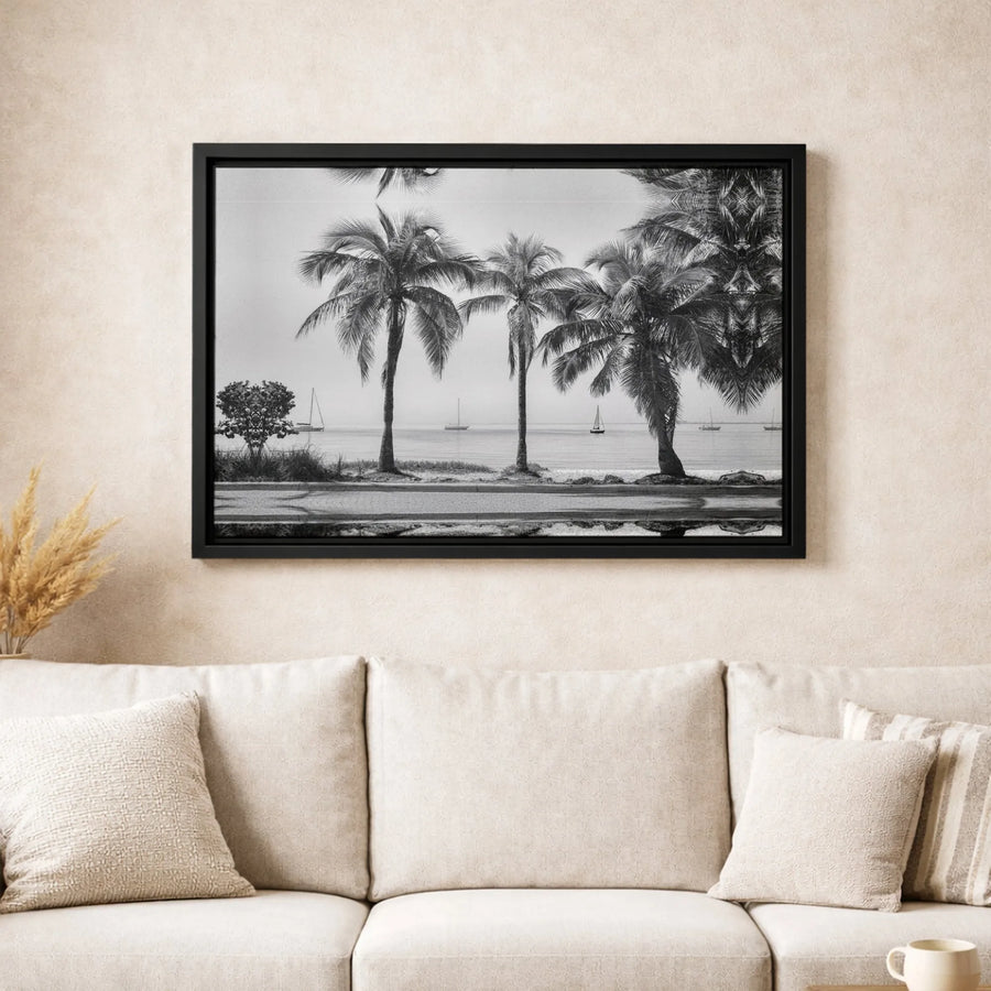 Black and White Palm Tree Canvas Print | Minimalist Tropical Beach Seascape | Premium Gallery-Quality Wall Art | Modern Coastal Home Decor Gift