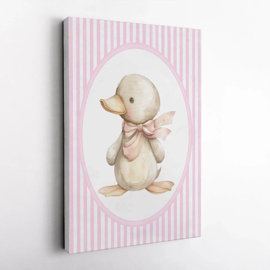 Baby Duck Wall Art | Watercolor Nursery Decor with Pink Bow | Premium Gallery Wrapped Canvas | Charming Gift for Baby Girl Room