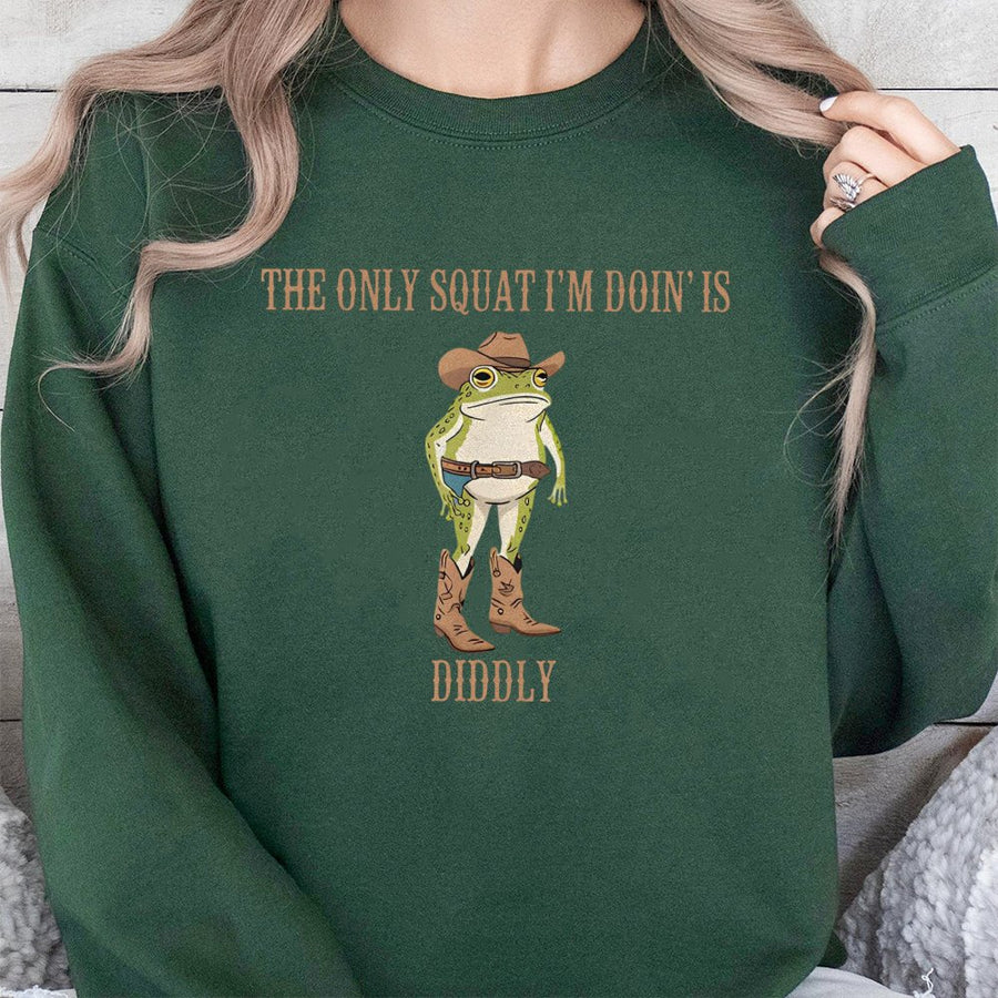 Funny Cowboy Frog Sweatshirt | The Only Squat I'm Doin' Is Diddly Western Meme | Soft Cotton Blend Unisex Pullover | Unique Gift for Animal Lovers