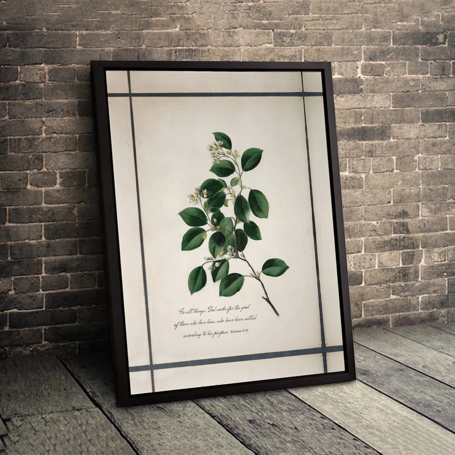 Romans 8:28 Bible Verse Wall Art | Botanical Flower Illustration | Gallery Quality Canvas Print | Christian Home Decor Gift