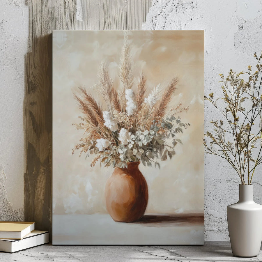 Boho Dried Flowers Canvas Art | Pampas Grass In Terracotta Vase | Premium Gallery Wrap Wall Decor | Neutral Minimalist Living Room Gift