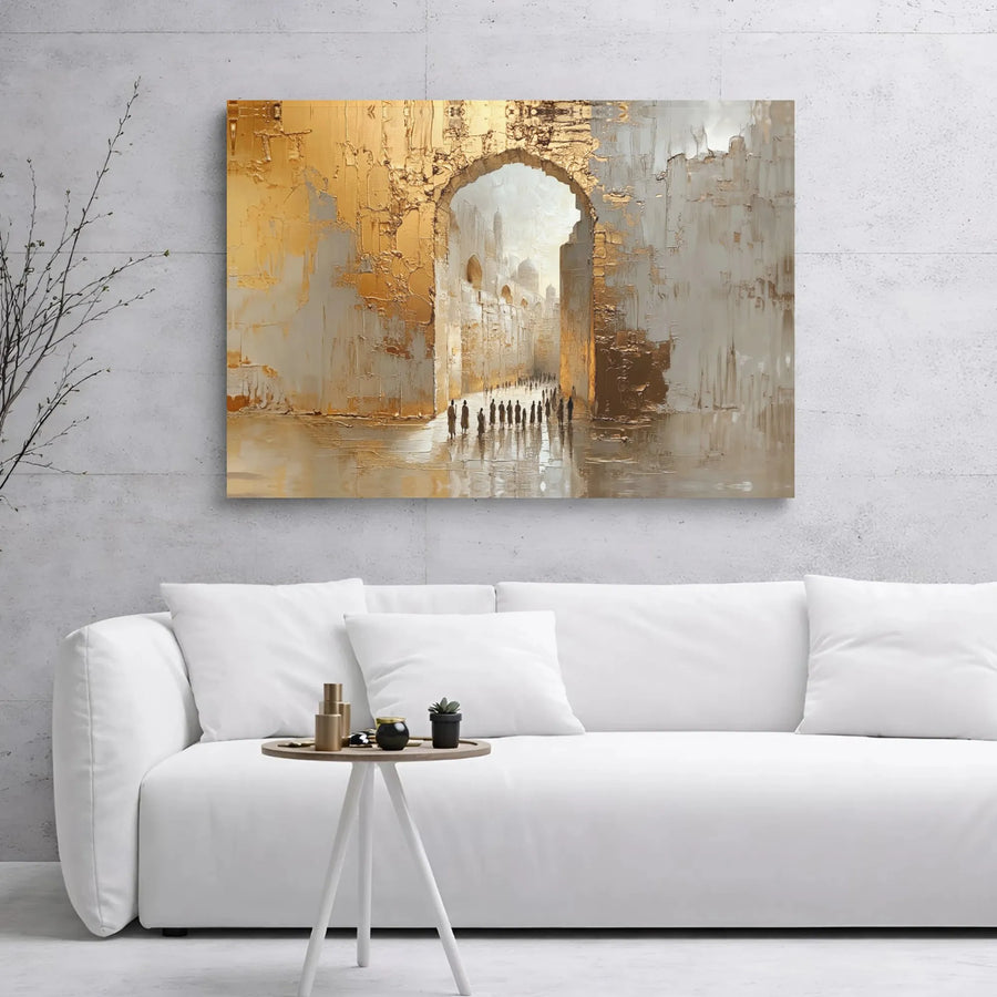 Abstract Gold Archway Canvas Print | Textured Mediterranean Cityscape Art | Premium Gallery-Wrapped Wood Frame | Elegant Home Decor Wall Art