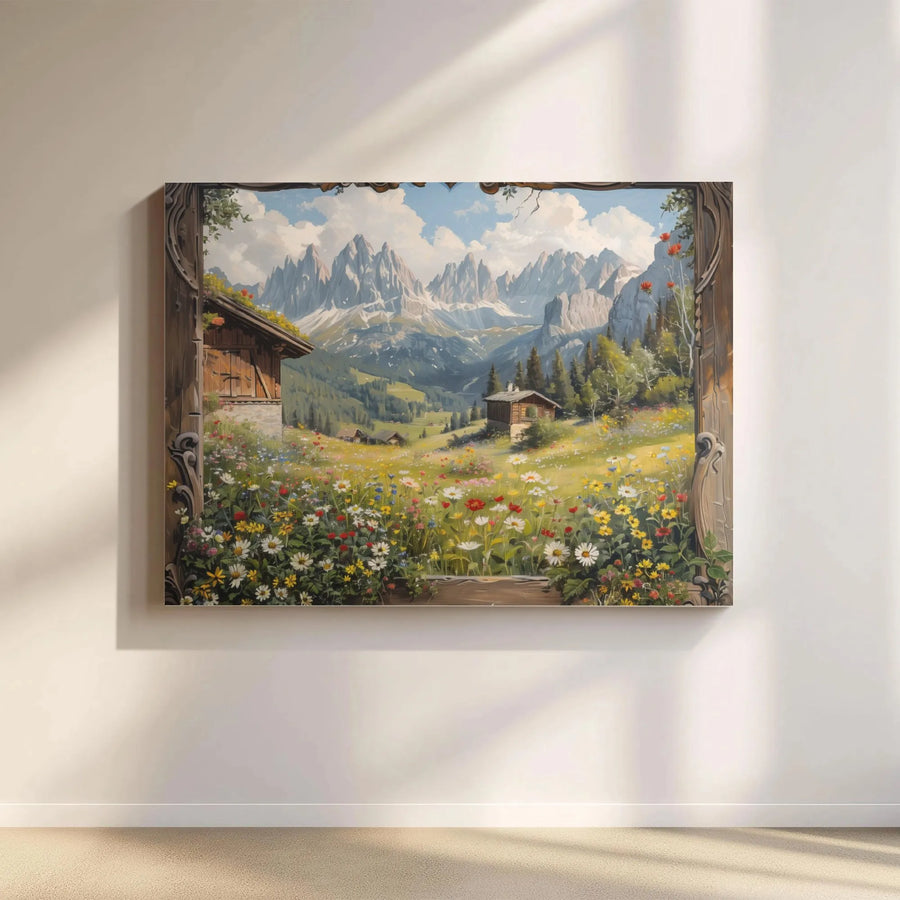 Alpine Mountain Meadow Canvas Art | Realistic Wildflower Landscape Window View | Premium 1.25" Gallery Wrap | Nature-Inspired Home Office Decor