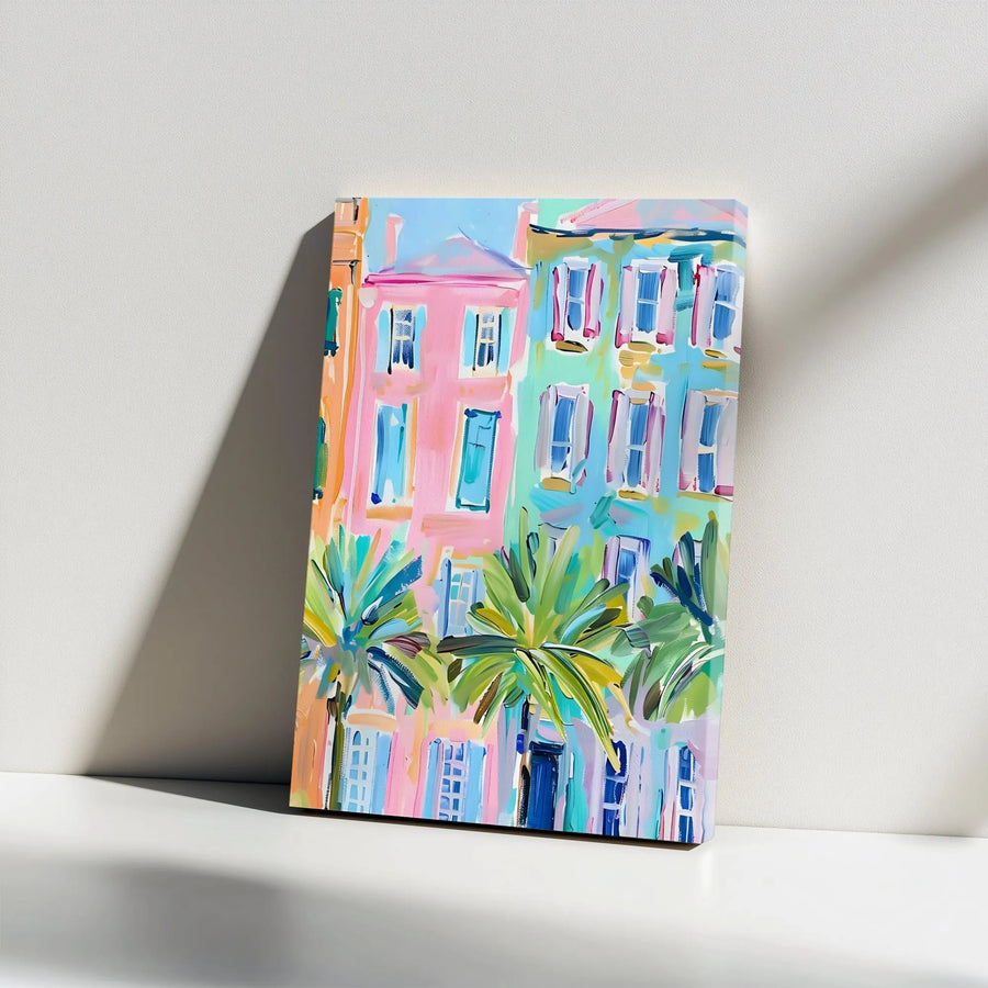 Rainbow Row Charleston Canvas Print | Vibrant Abstract Cityscape Painting | Premium Gallery Wrapped Wall Art | Southern Home Decor Gift for Her