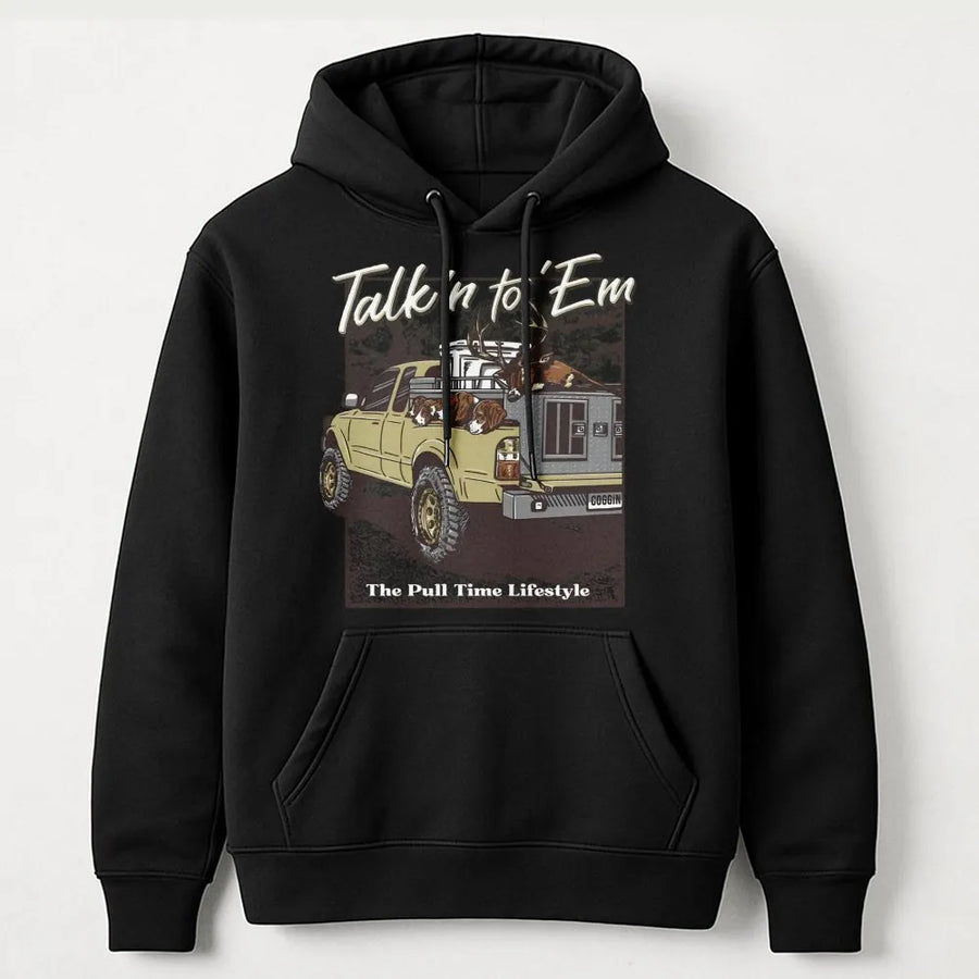 Hunting Truck Hoodie | Talk N To Em Deer Dogs Graphic | Premium Cotton Blend | Gift For Deer Hunters & Outdoorsmen