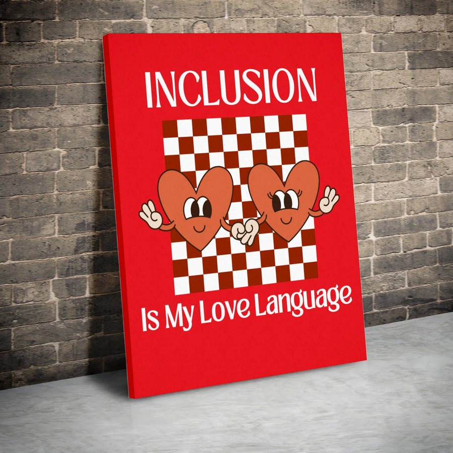 Inclusion Is My Love Language Wall Art | Retro Cartoon Heart Checkerboard Print | Gallery Quality Canvas Decor | Meaningful Gift For Office Or Home
