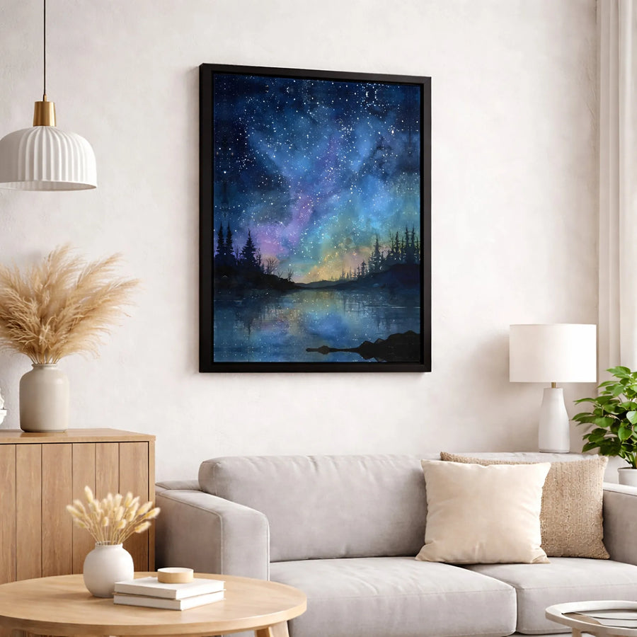 Starry Night Lake Canvas Print | Watercolor Galaxy Wall Art | Premium Gallery Wrapped Decor | Nature Landscape Gift for Home Office