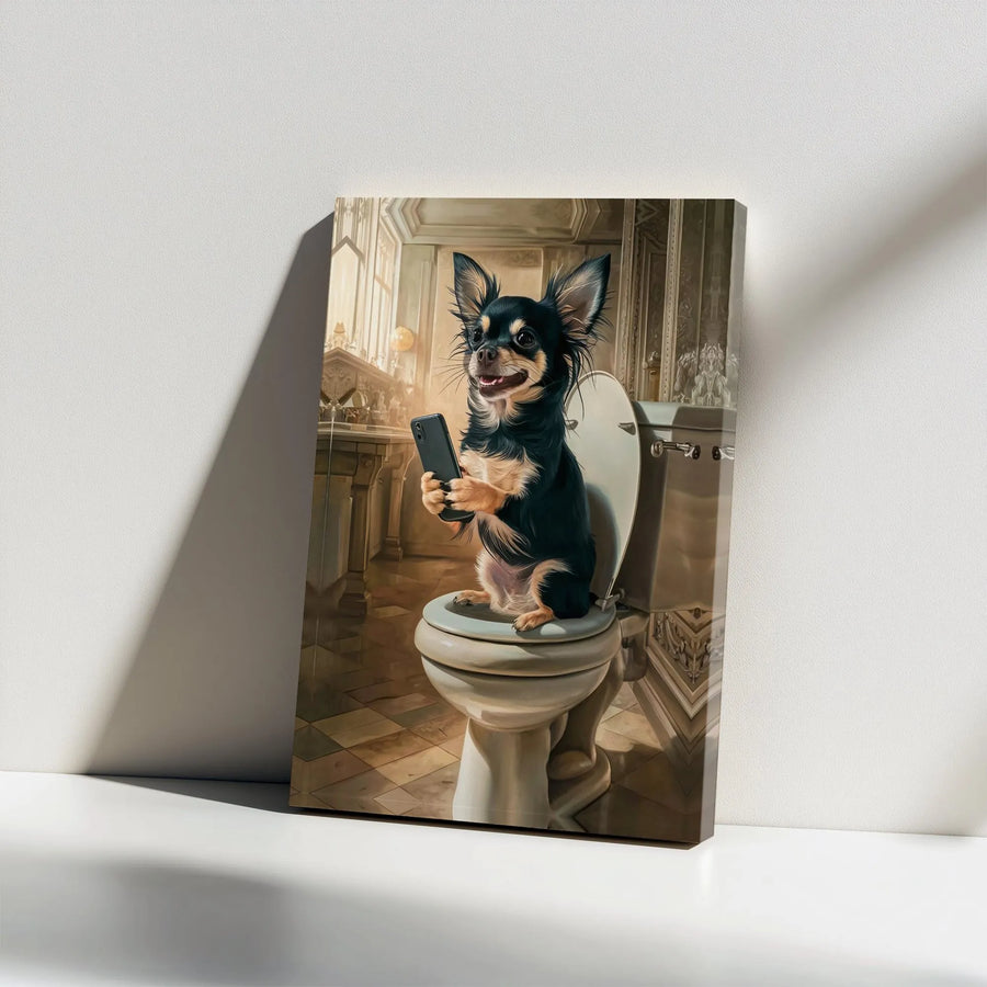 Chihuahua On Toilet Canvas Print | Funny Dog With Smartphone Wall Art | Premium Gallery Wrapped Decor | Unique Bathroom Art Gift