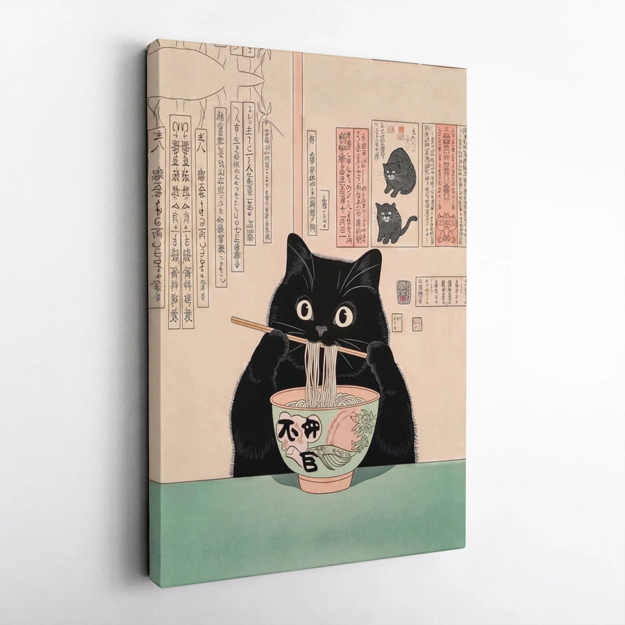 Japanese Ukiyo-E Black Cat Canvas Art | Ramen Noodle Lover Print | Gallery Quality 1.25" Profile | Whimsical Animal Wall Decor Gift
