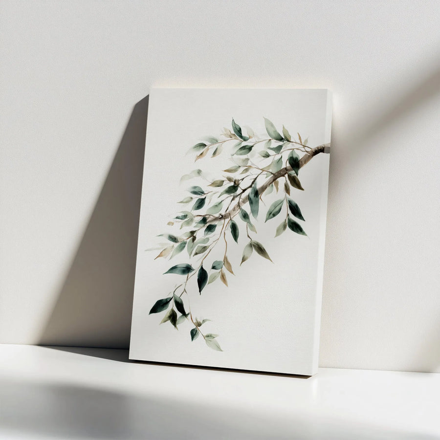 Watercolor Botanical Leaf Canvas Wall Art | Minimalist Green Branch Print | 1.25" Gallery Wrap Premium Decor | Modern Home Office Wall Decor
