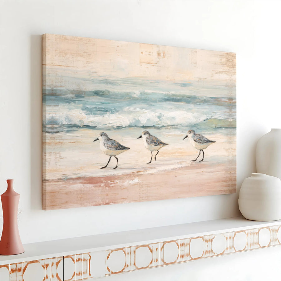 Sandpiper Beach Canvas Art | Serene Coastal Birds Seascape Painting | Thick Gallery Wrapped Canvas | Nautical Home Decor Gift