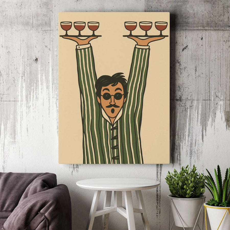 Wine Lover Canvas Wall Art | Whimsical Man Serving Wine Illustration | Premium Gallery Wrap Decor | Unique Gift For Home Kitchen Or Bar