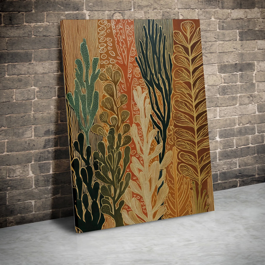Boho Botanical Canvas Wall Art | Abstract Woodblock Style Plant Print | Premium Thick Gallery Wrap | Unique Living Room Wall Decor