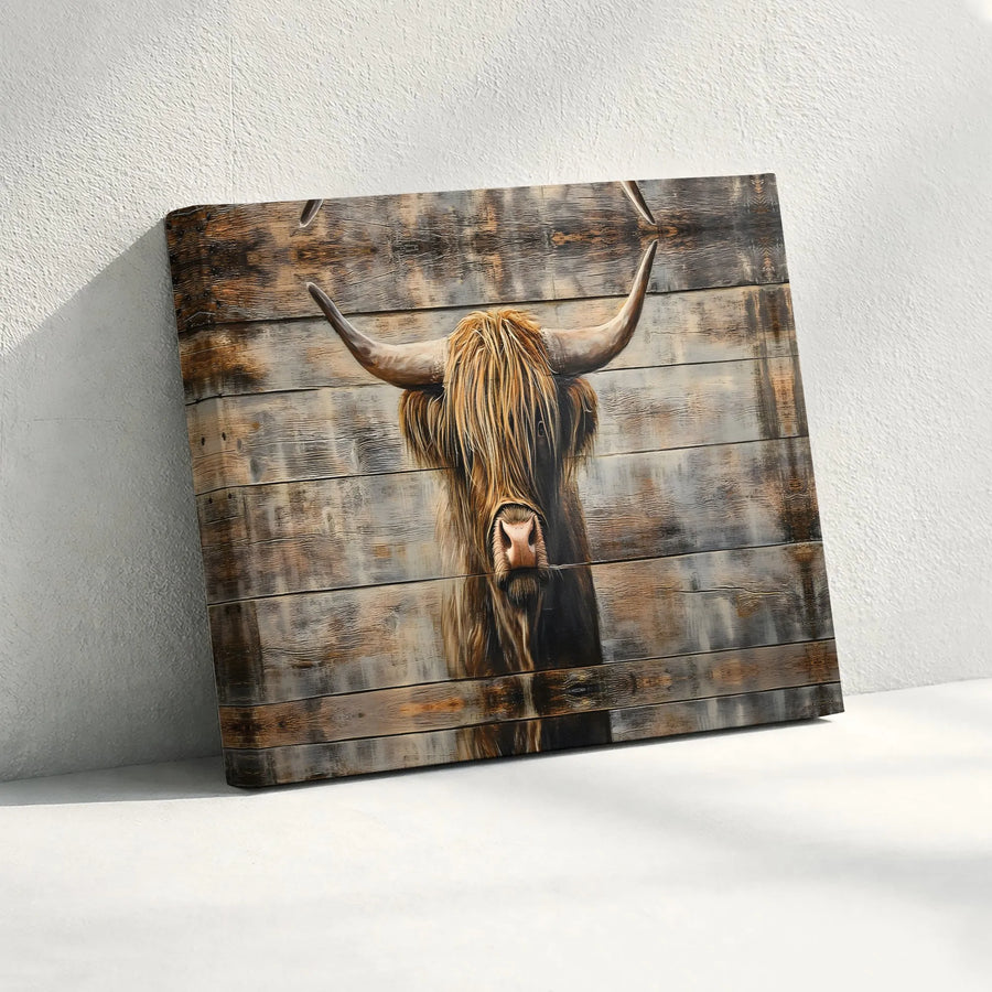 Highland Cow Canvas Print | Rustic Farmhouse Wood Texture Wall Art | Premium Gallery Wrapped Decor | Gift For Farm Animal Lovers