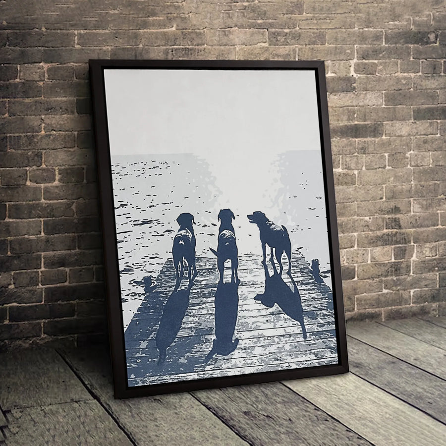 Dog Silhouette Wall Art | Three Dogs on Dock Lake View | Premium Gallery-Wrapped Canvas | Wildlife Home Decor Gift for Dog Lovers